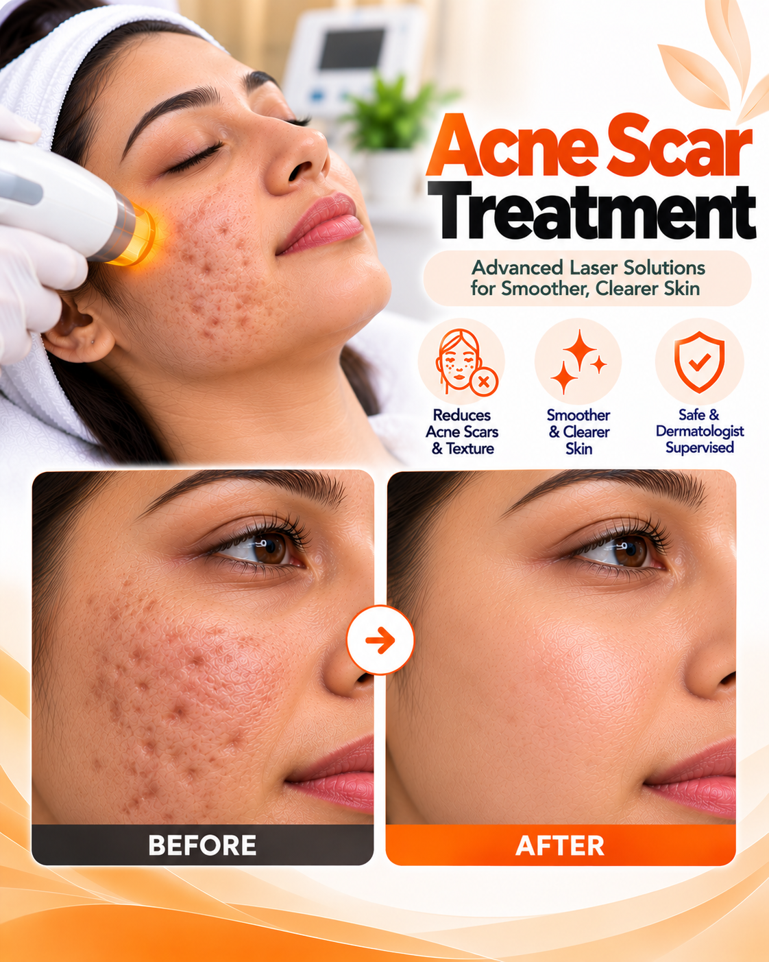 Acne scar laser treatment before and after at Vridhi Skin Clinic, Sindhanur