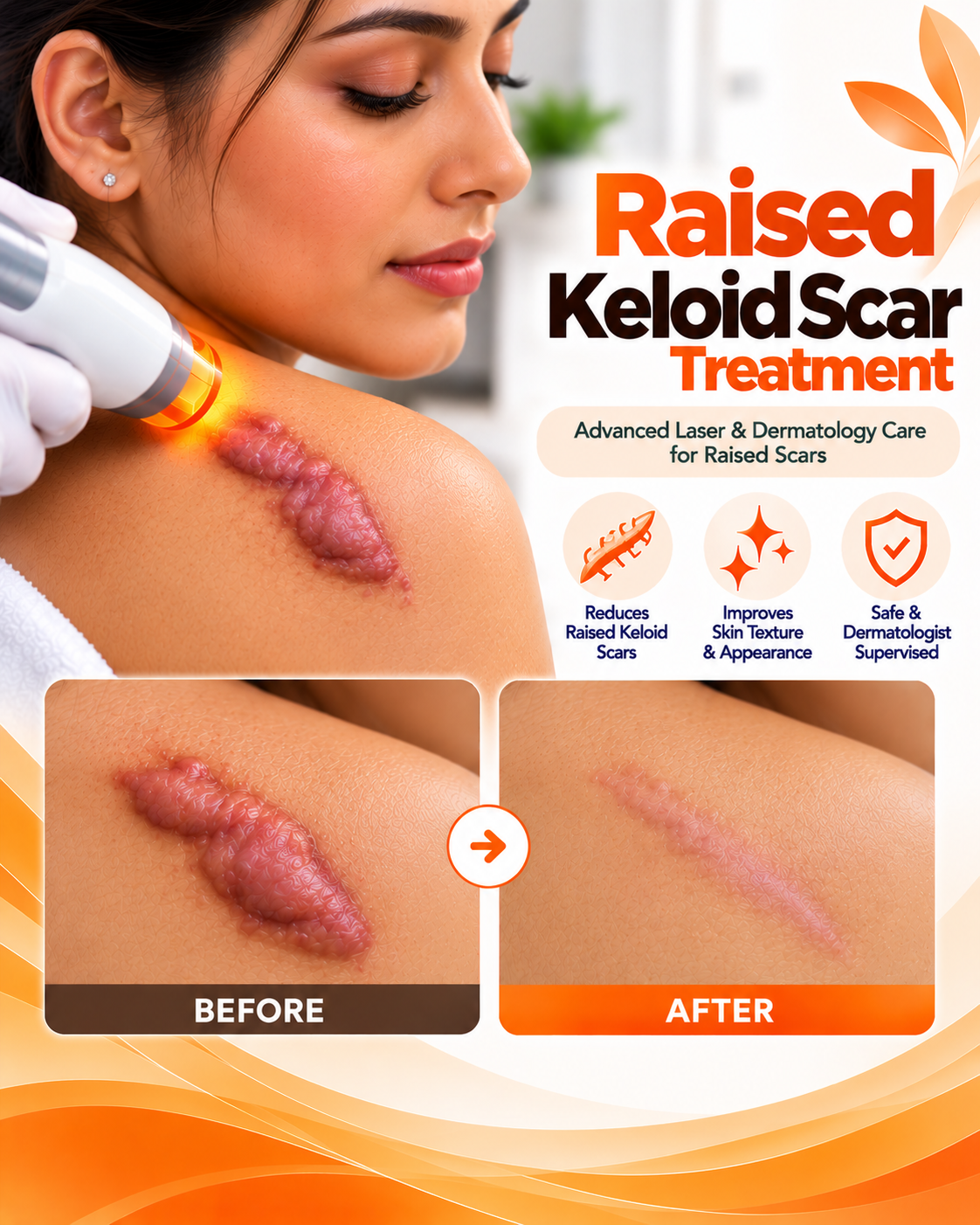 Raised keloid scar treatment before and after at Vridhi Skin Clinic, Sindhanur