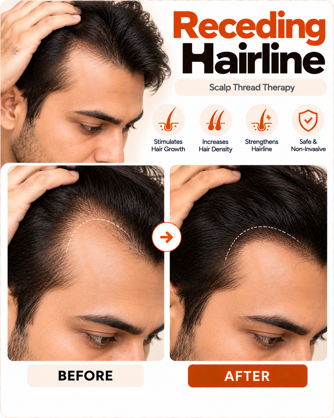Receding hairline scalp thread treatment before and after at Vridhi Skin Clinic, Sindhanur