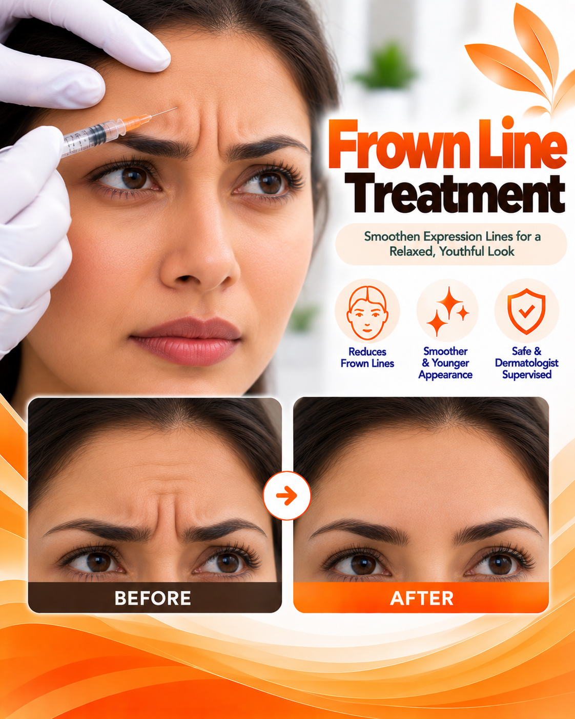 Botox frown line treatment before and after at Vridhi Skin Clinic, Sindhanur