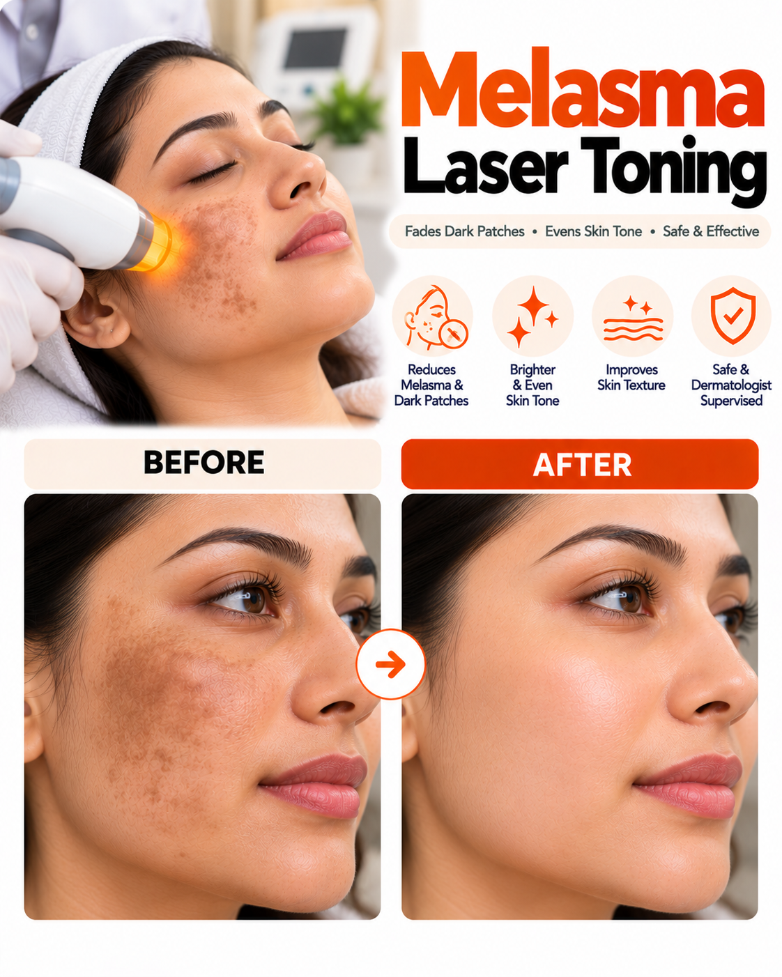 Melasma laser toning before and after at Vridhi Skin Clinic, Sindhanur