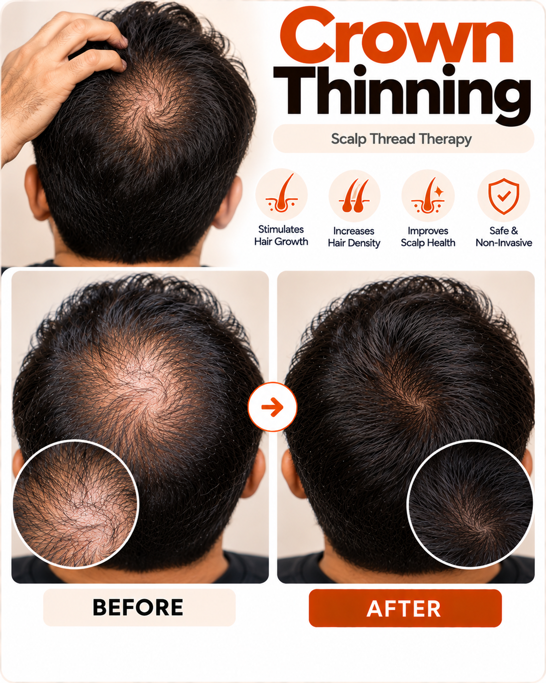 Crown thinning scalp thread treatment before and after at Vridhi Skin Clinic, Sindhanur