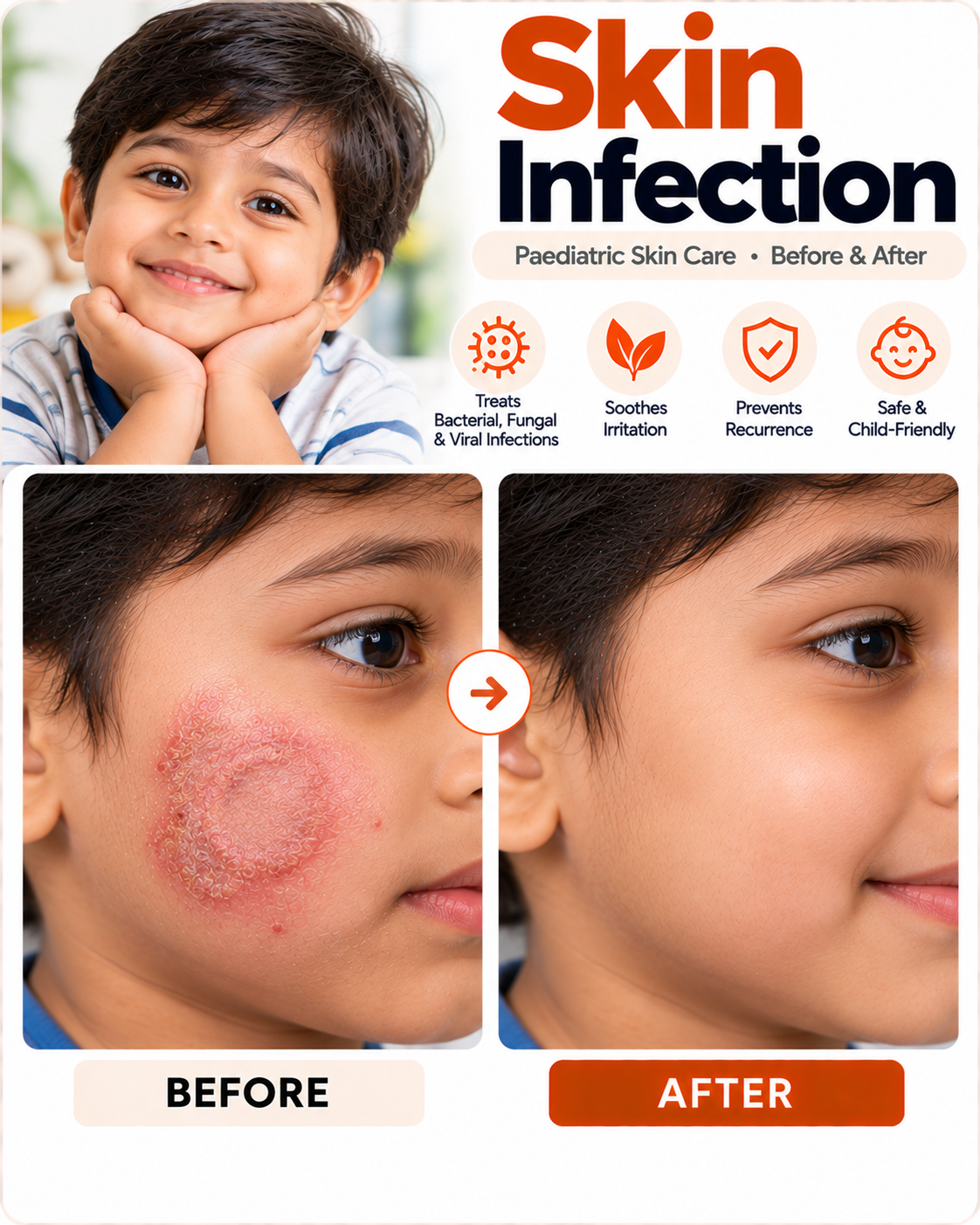 Childhood skin infection before and after treatment at Vridhi Skin Clinic, Sindhanur