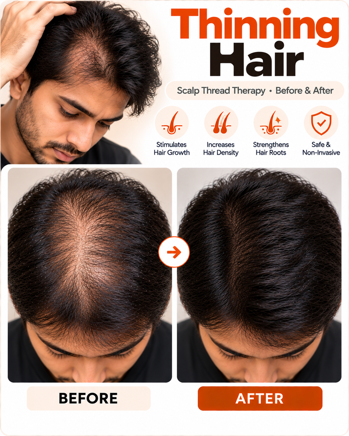 Thinning hair scalp thread treatment before and after at Vridhi Skin Clinic, Sindhanur