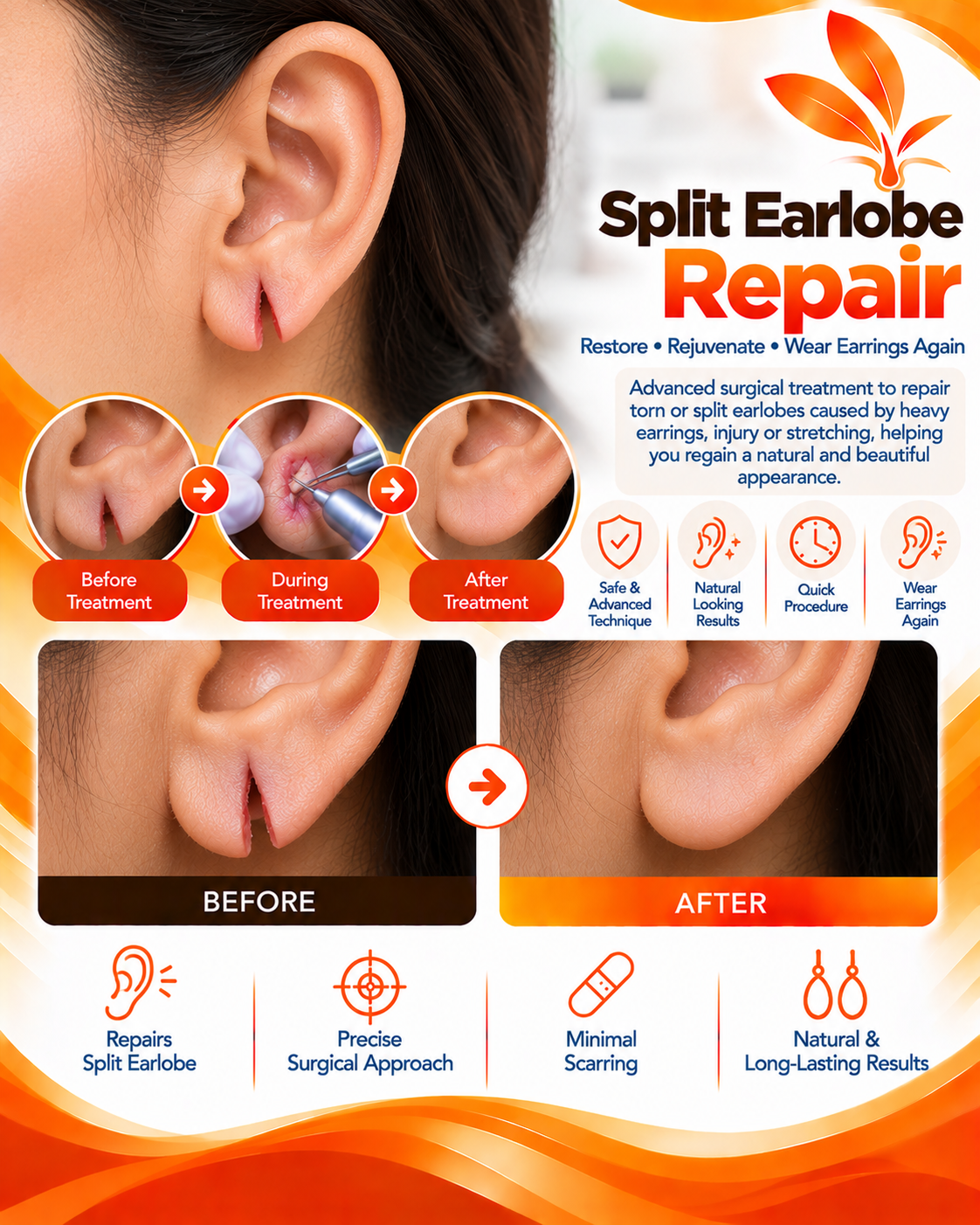 Split earlobe repair before and after at Vridhi Skin Clinic, Sindhanur