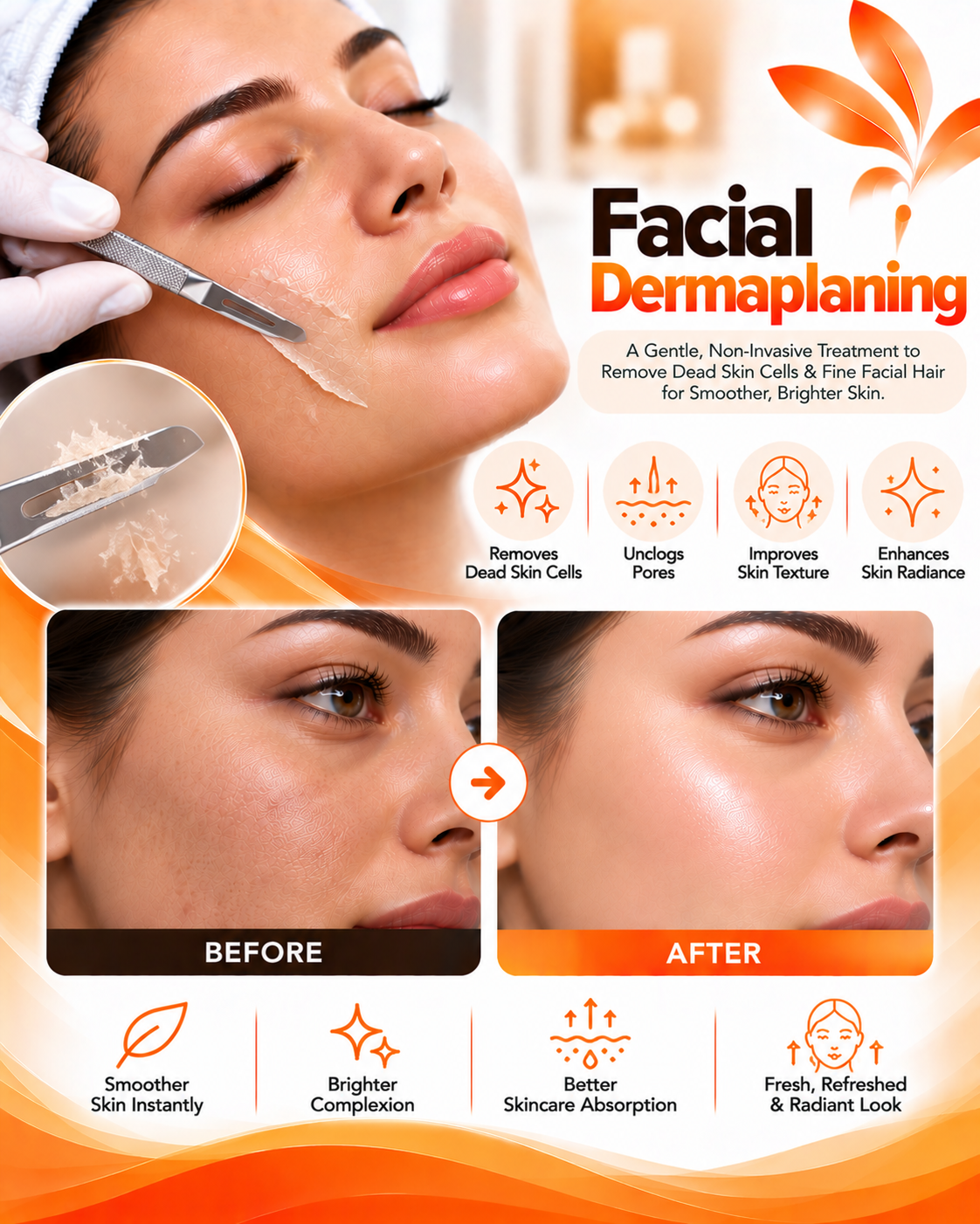 Facial dermaplaning before and after at Vridhi Skin Clinic, Sindhanur