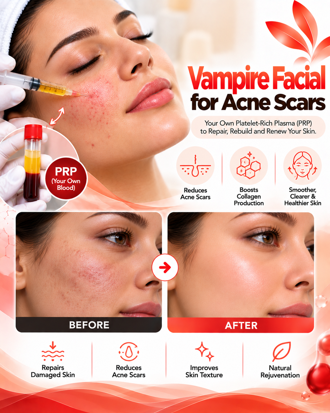 Vampire facial for acne scars before and after at Vridhi Skin Clinic, Sindhanur