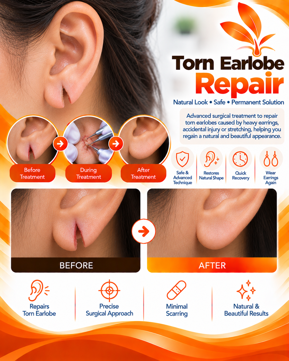 Torn earlobe repair before and after at Vridhi Skin Clinic, Sindhanur